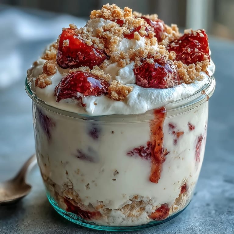 Layers of soft oats, sweet strawberries, and vanilla cream create a strawberry shortcake-inspired breakfast perfect for busy mornings.