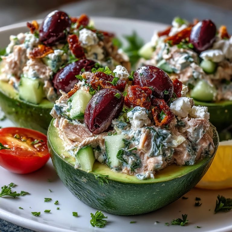 Creamy avocados brimming with a zesty Mediterranean tuna salad, featuring olives, tomatoes, and feta, served as a refreshing main course.