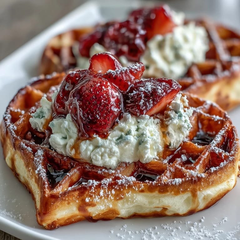 Crispy, golden heart-shaped waffles topped with luscious cottage cheese whip and sweet, macerated strawberries for a wholesome and beautiful morning treat.