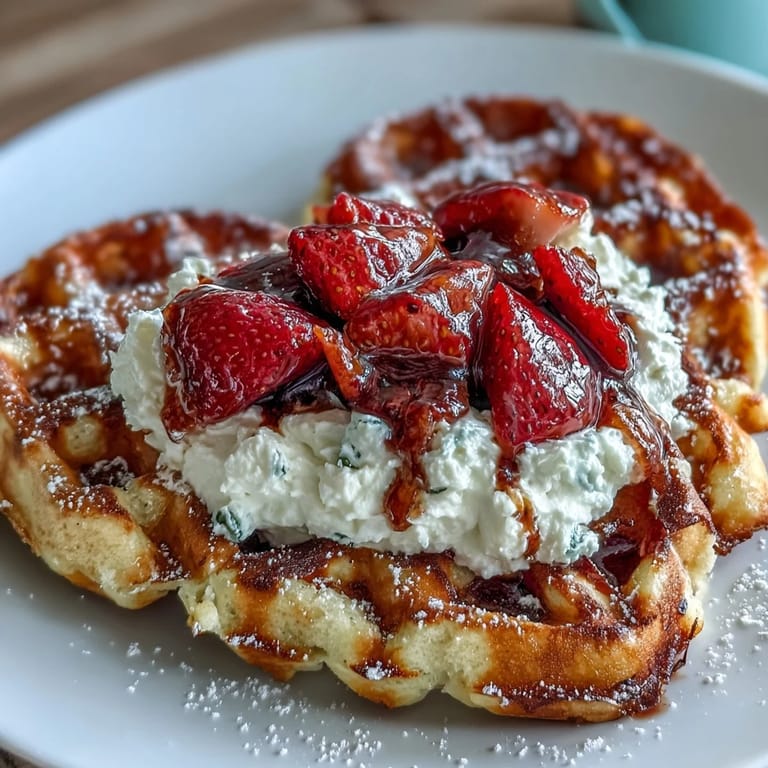 Fluffy heart-shaped waffles layered with a smooth cottage cheese whip and juicy strawberries, creating a stunning and nutritious breakfast or brunch centerpiece.