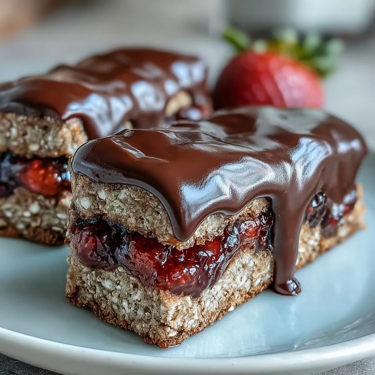 No-bake strawberry oat bars layered with fruity preserves and dipped in glossy melted chocolate, ideal for healthy snacking or a quick treat.