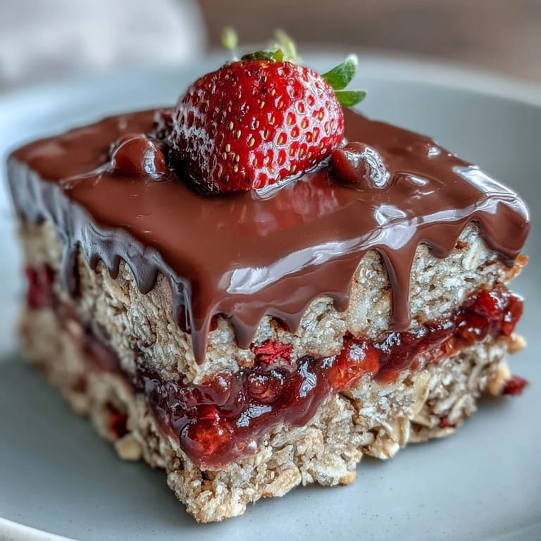 Homemade chocolate-dipped strawberry oat bars featuring crunchy oats, vibrant jam, and a smooth chocolate finish, great for dessert or on-the-go energy.
