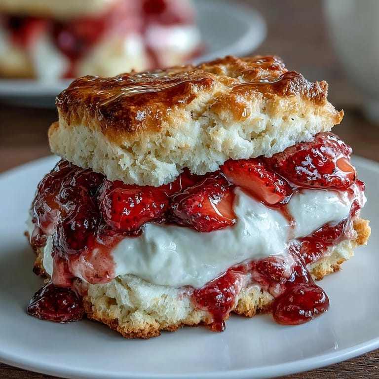 Golden-brown scones topped with strawberries and vanilla yogurt cream, ready to serve.  