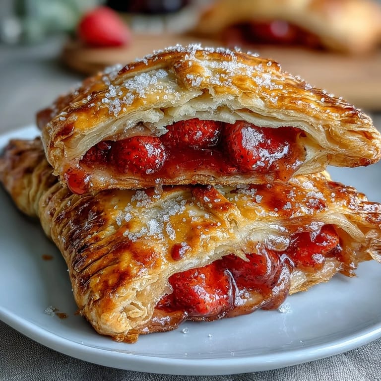 Rustic hand pies filled with juicy strawberries, topped with a woven golden crust, perfect for dessert or snacking on the go.