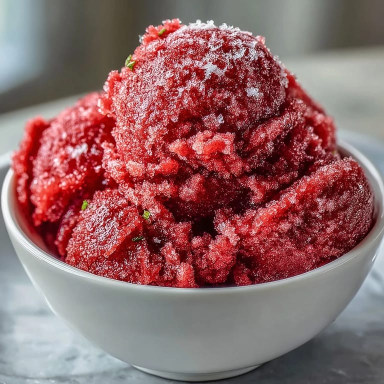 Chilled strawberry and lime sorbet with a hint of rum, garnished with fresh mint and lime zest.