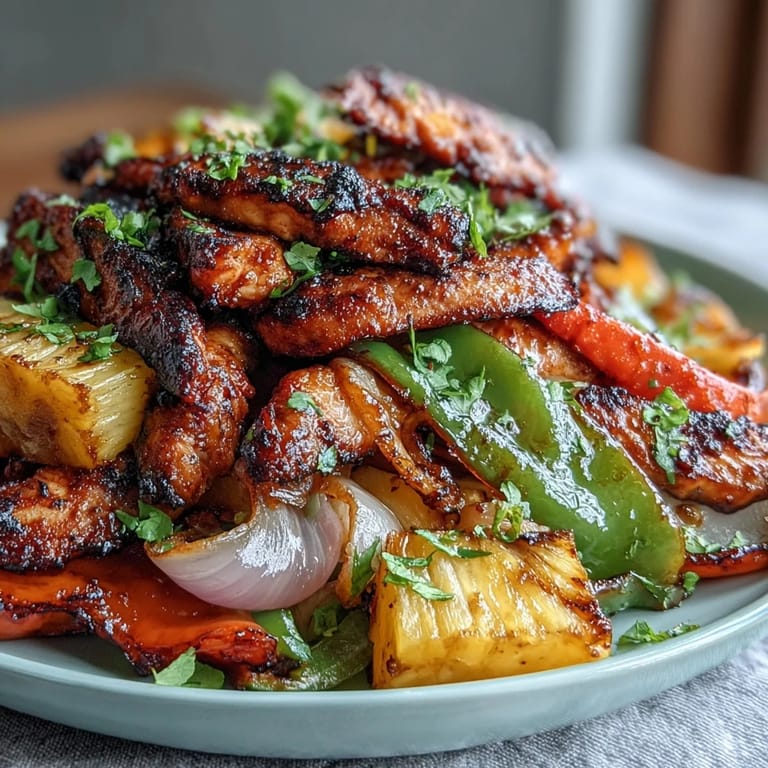 Sweet and savory chicken pineapple fajitas with caramelized onions and smoky spices served in warm tortillas.  