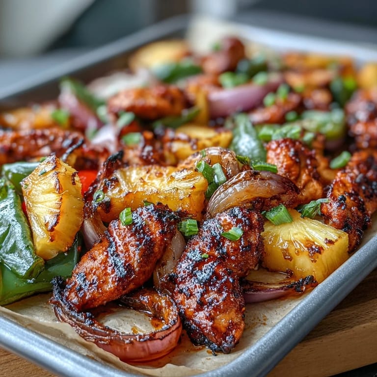 Easy chicken pineapple sheet pan fajitas with tender chicken, fresh pineapple, and roasted bell peppers for a tropical twist.