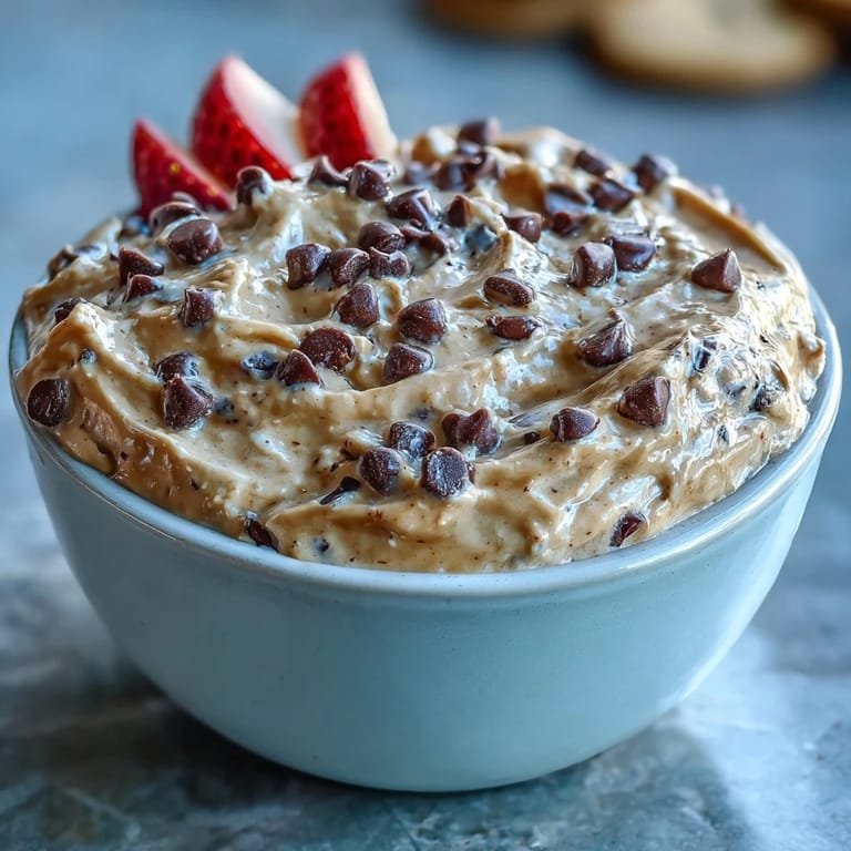 Wholesome cottage cheese cookie dough dip served with vibrant strawberries and apple slices for a healthy dessert.  