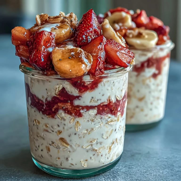 Strawberry banana overnight oats topped with fresh fruit and chia seeds, perfect for meal prep.