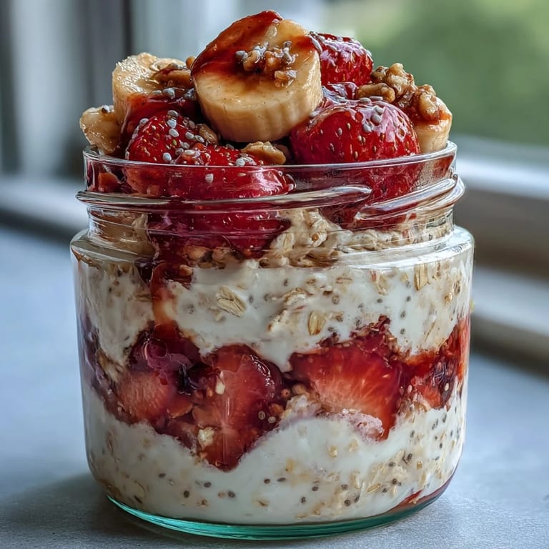A jar of strawberry banana overnight oats with chia seeds, offering a healthy, make-ahead breakfast option.
