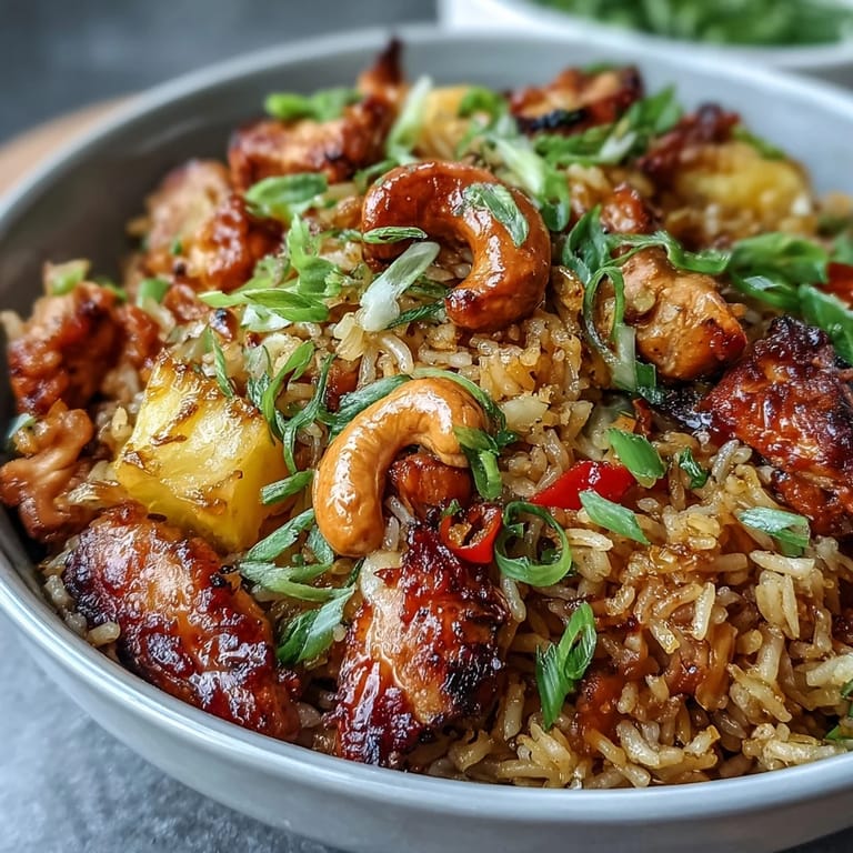 Delicious Hawaiian pineapple chicken fried rice served in a bowl, garnished with green onions and roasted cashews for added crunch.