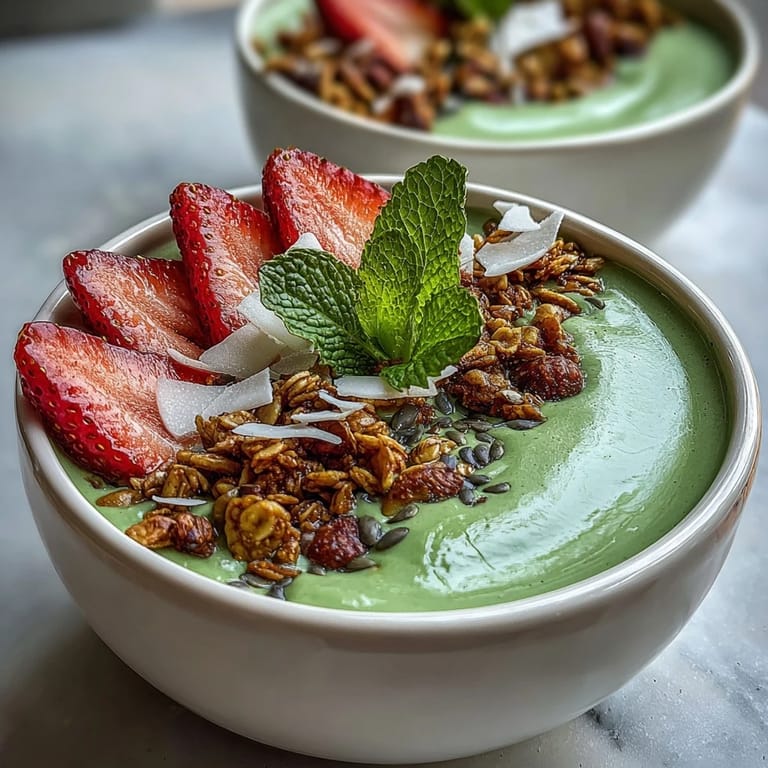 Wholesome smoothie bowl blending strawberries and matcha, topped with granola, seeds, and coconut for crunch.