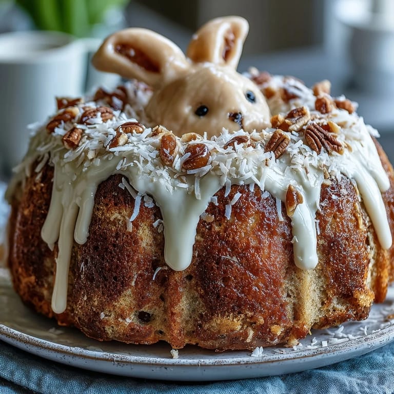 This delightful Easter Bunny Cake with coconut frosting is perfect for spring celebrations, with whimsical bunny ears, candy eyes, and a marshmallow tail.  