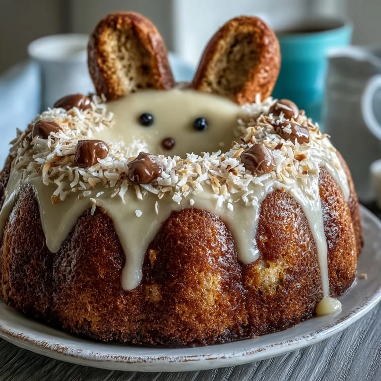 An adorable Easter Bunny Cake with coconut frosting, shaped like a playful bunny face, decorated with colorful candies and shredded coconut.