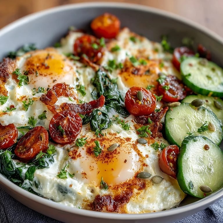 A close up view of the prepared savory cottage cheese bowl highlighting the fresh vegetables and olive oil drizzle.