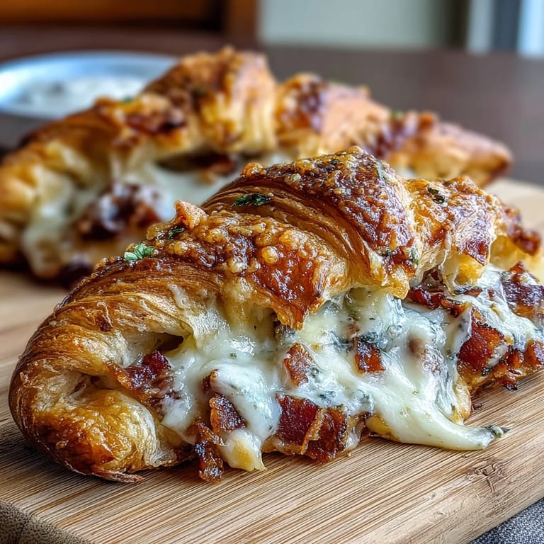 Warm ham and Swiss croissant bake with layers of tender croissants, diced ham, and bubbling Swiss cheese, ready to serve.