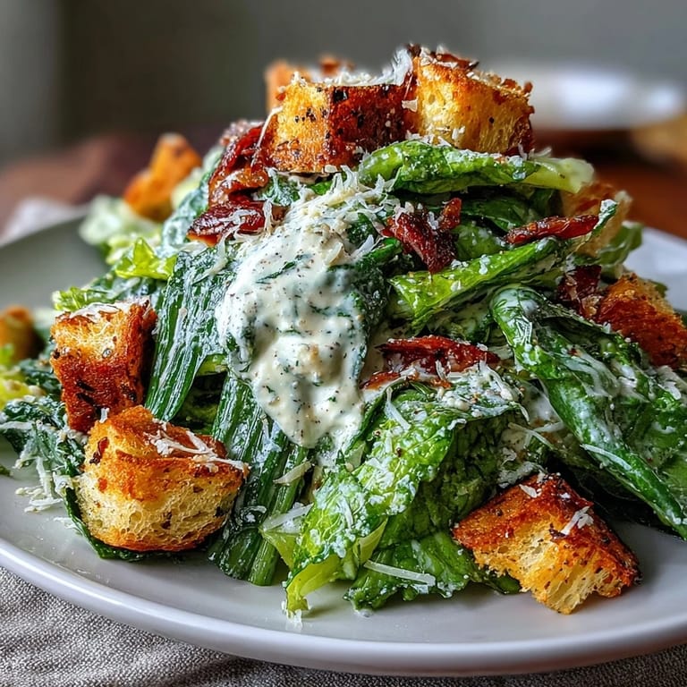 Celery Caesar Salad with Crunchy Croutons and Parmesan: A fresh twist on Caesar featuring crunchy celery, romaine, and homemade croutons, finished with savory Parmesan and black pepper.