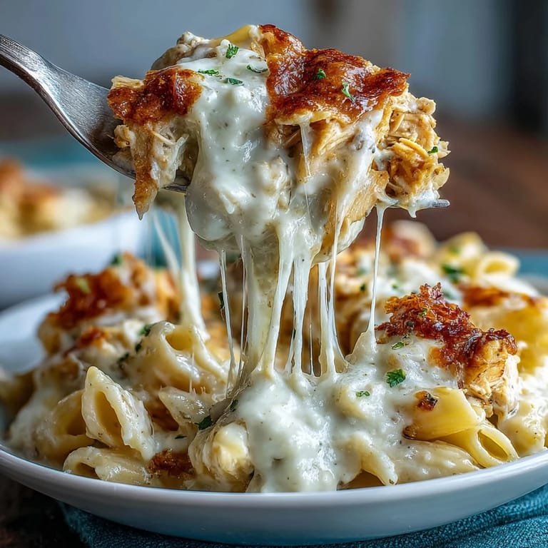 Slow-cooked shredded chicken in a creamy sauce, tossed with pasta for a comforting dinner.
