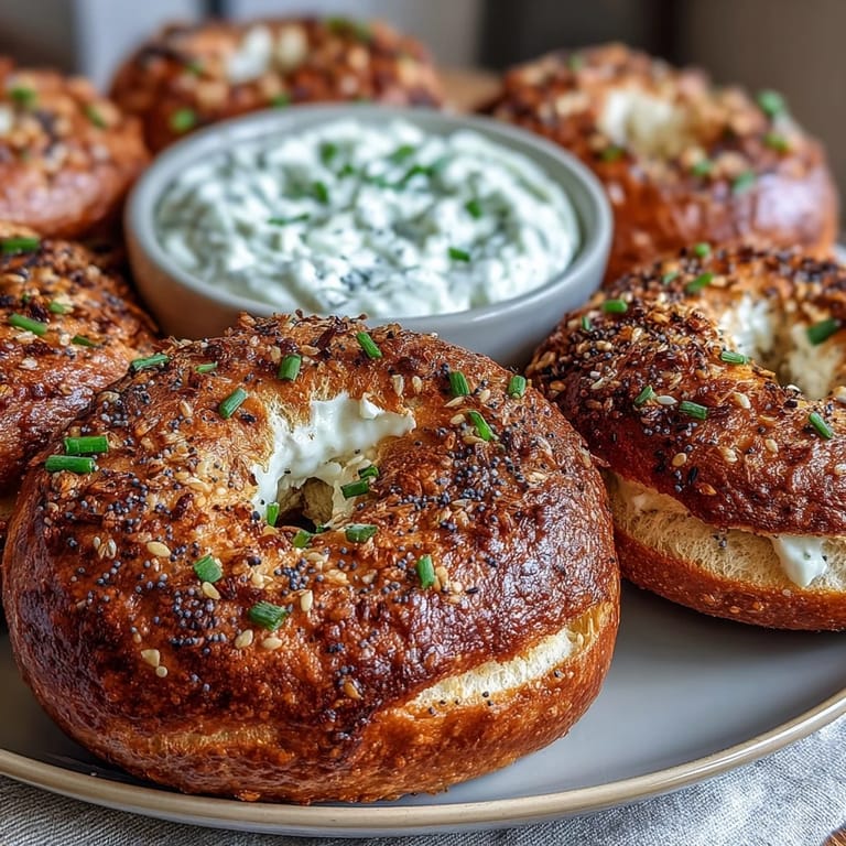 High-Protein Bagels with Greek Yogurt Everything Dip - chewy protein-packed bagels paired with tangy Greek yogurt dip full of everything bagel flavor.  