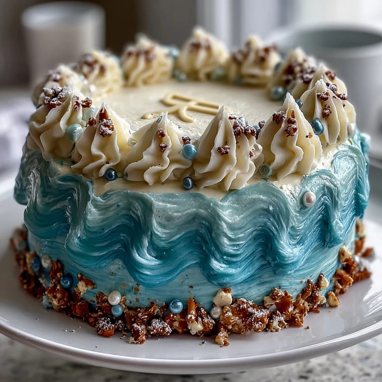 Pisces Cake Sheet Cake with Ocean Wave Piping: moist vanilla sponge topped with layered blue buttercream waves and edible pearls.