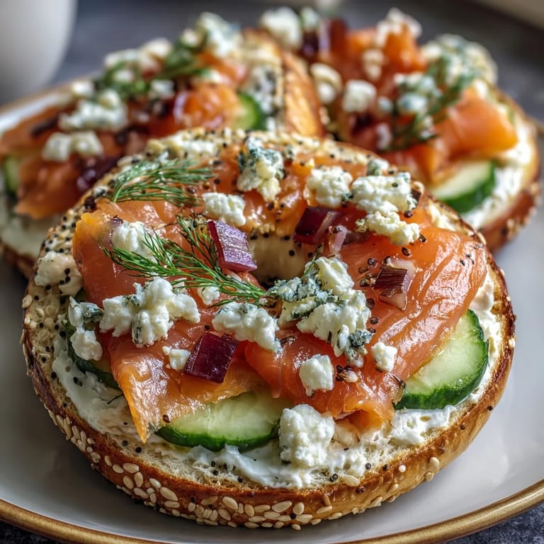 Golden-brown cottage cheese bagels layered with creamy spread, delicate smoked salmon, crunchy cucumber, and briny capers in every bite.