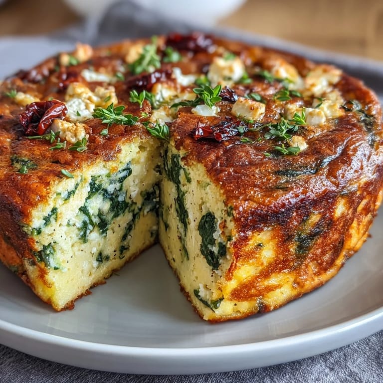 Wholesome vegetarian frittata with vibrant spinach, creamy feta, and chewy sun-dried tomatoes, ideal for a quick, gluten-free Mediterranean-inspired meal.