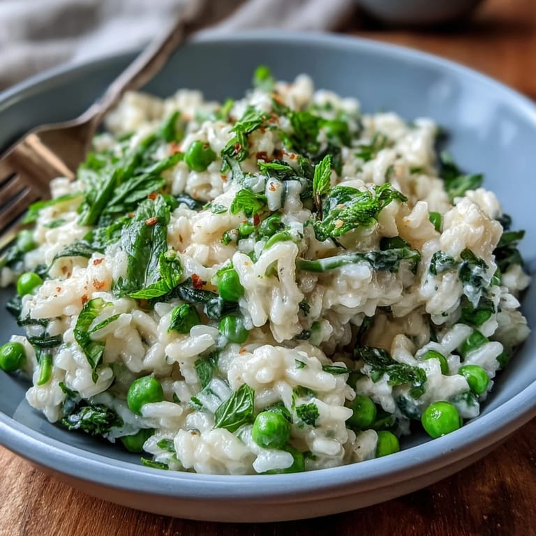 Spring risotto with vibrant green peas, aromatic mint, and a sprinkle of Parmesan cheese.  