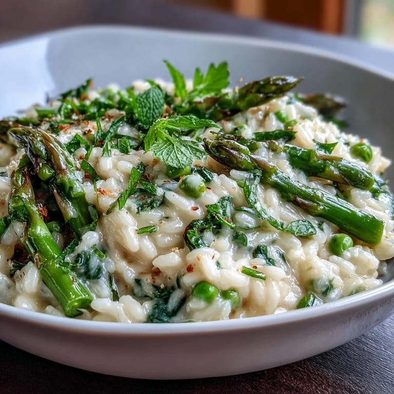 Savory risotto with tender peas, fragrant mint, and Parmesan, served in a shallow bowl.