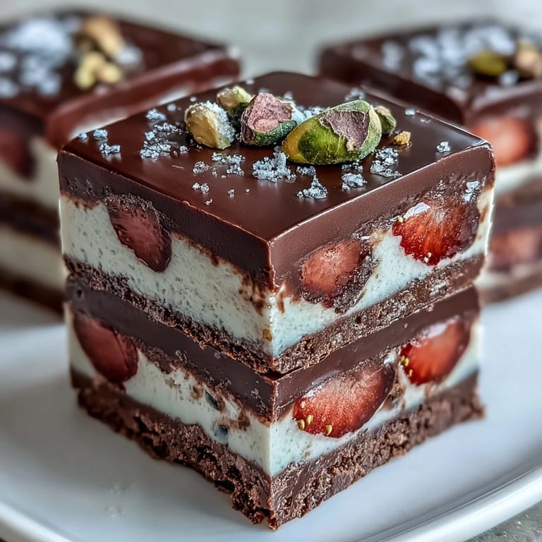 Luxurious no-bake dessert featuring marbled chocolate layers, juicy strawberry slices, crunchy pistachios, and delicate rose petals for an elegant viral Dubai chocolate bark.
