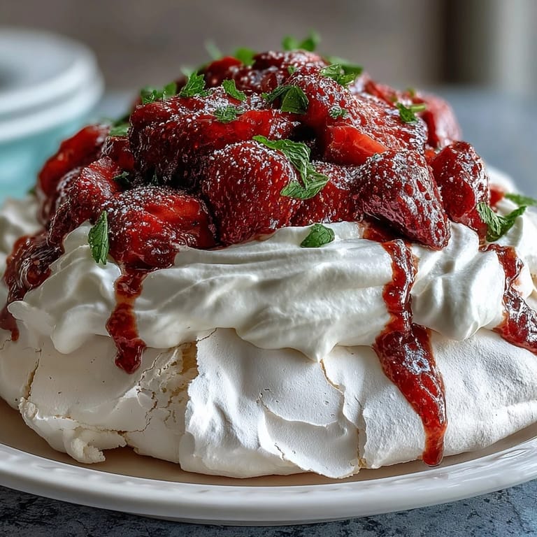 Delicate meringue nest piled high with whipped cream and sweet macerated strawberries for dessert.