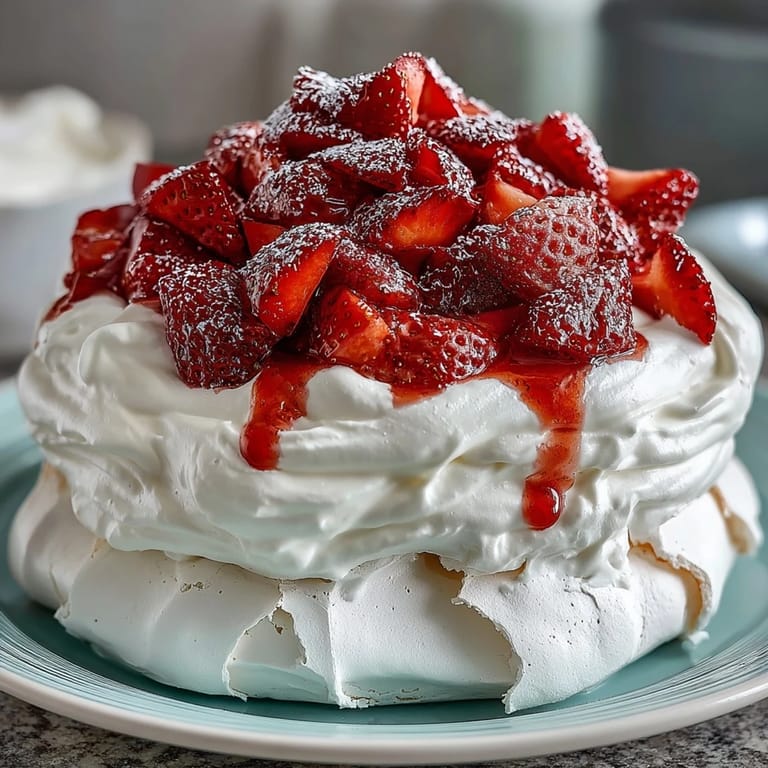 Golden-brown pavlova base with billowy vanilla cream and vibrant red strawberries, a stunning dessert.