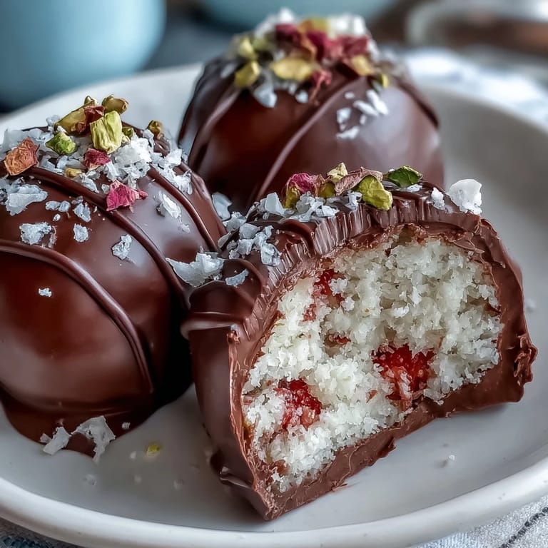 Elegant Dubai-Style Strawberry Truffles: smooth strawberry-almond filling spiced with cardamom and rosewater, coated in a crisp dark chocolate shell.