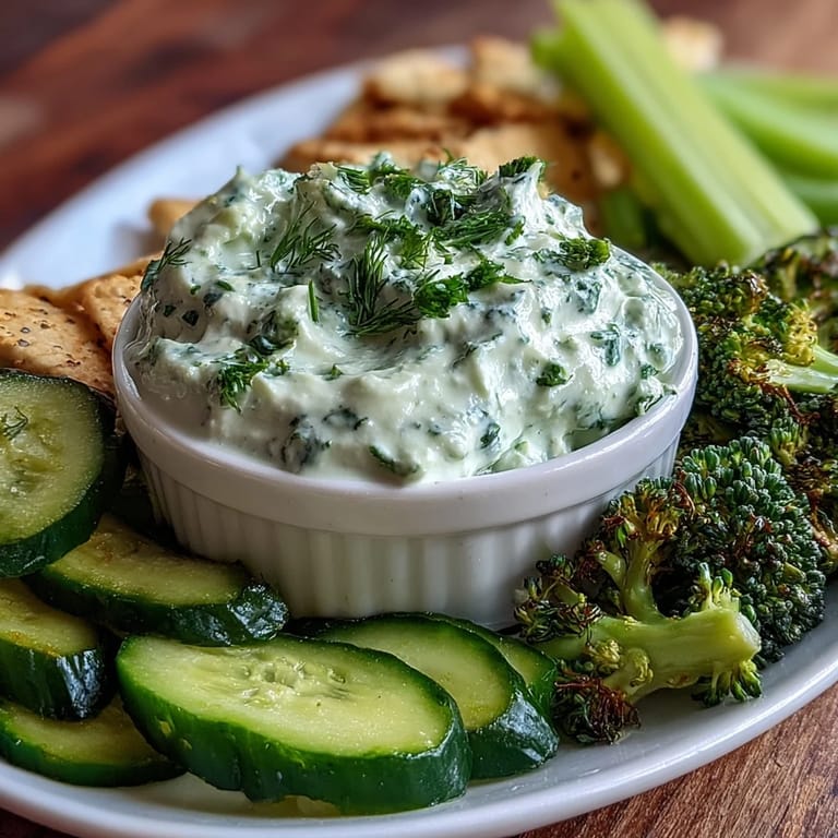 Fresh vegetable platter featuring crisp cucumber, snap peas, and broccoli with homemade avocado ranch dip.  