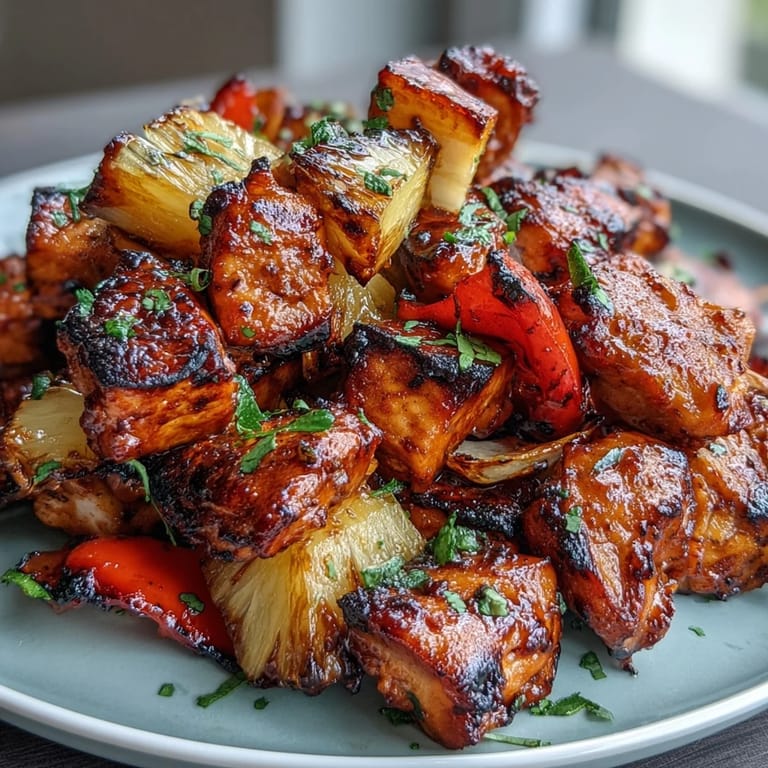 Colorful grilled skewers featuring marinated chicken, pineapple, and veggies, a flavorful main dish for any cookout.  