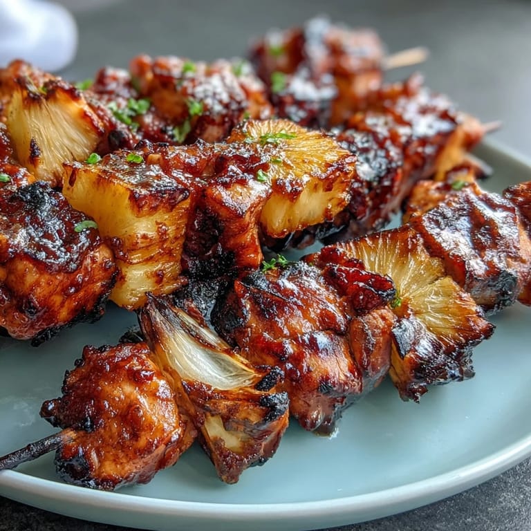 Sweet and savory Grilled Pineapple Chicken Skewers with tropical marinade, ideal for a gluten-free, dairy-free dinner.