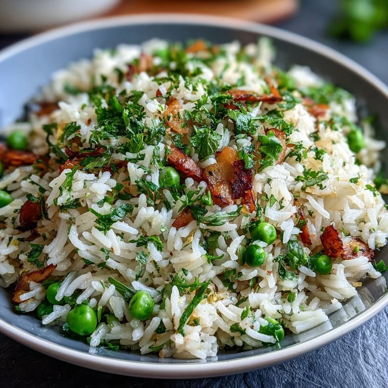 Creamy rice pilaf with tender spring peas, bright mint, and a hint of lemon, ideal for pairing with ham or grilled proteins.
