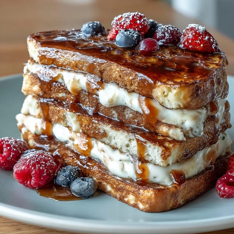 Warm, layered pancake casserole featuring juicy berries and rich custard, dusted with powdered sugar and ready to serve.  