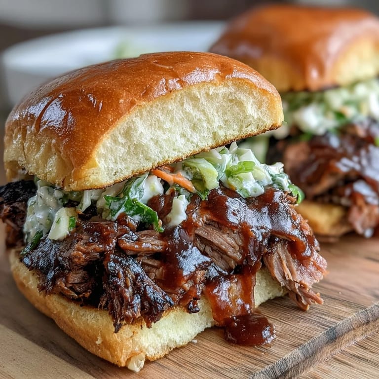 Tender shredded brisket piled high on slider buns, topped with crunchy slaw and smoky BBQ sauce for a crowd-pleasing bite.