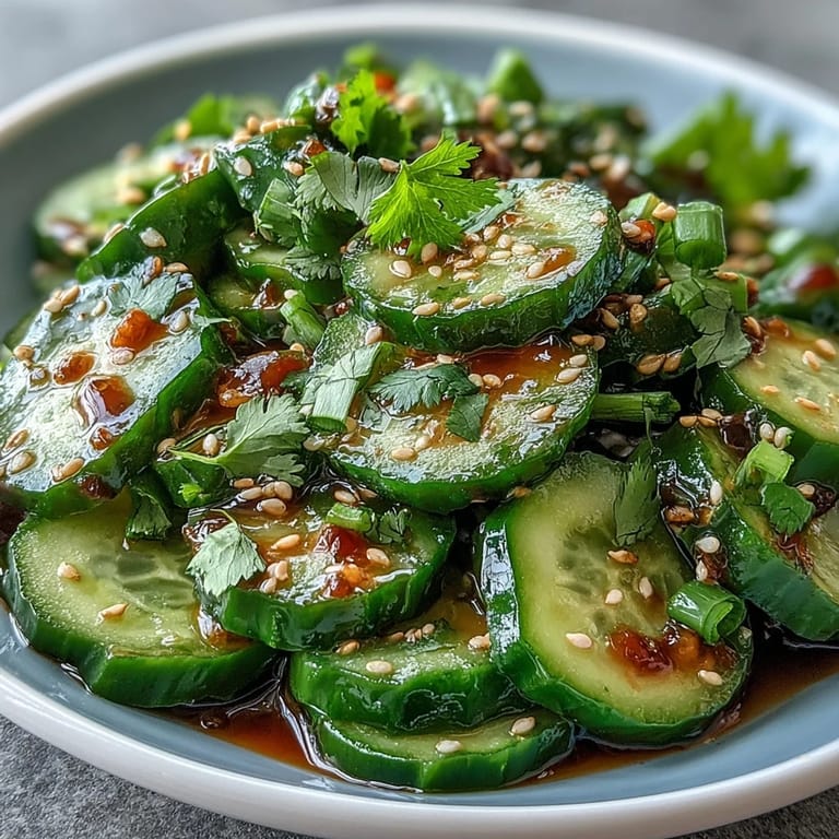 Thinly sliced cucumbers tossed in tangy sesame-rice vinegar dressing, garnished with sesame seeds and green onions.
