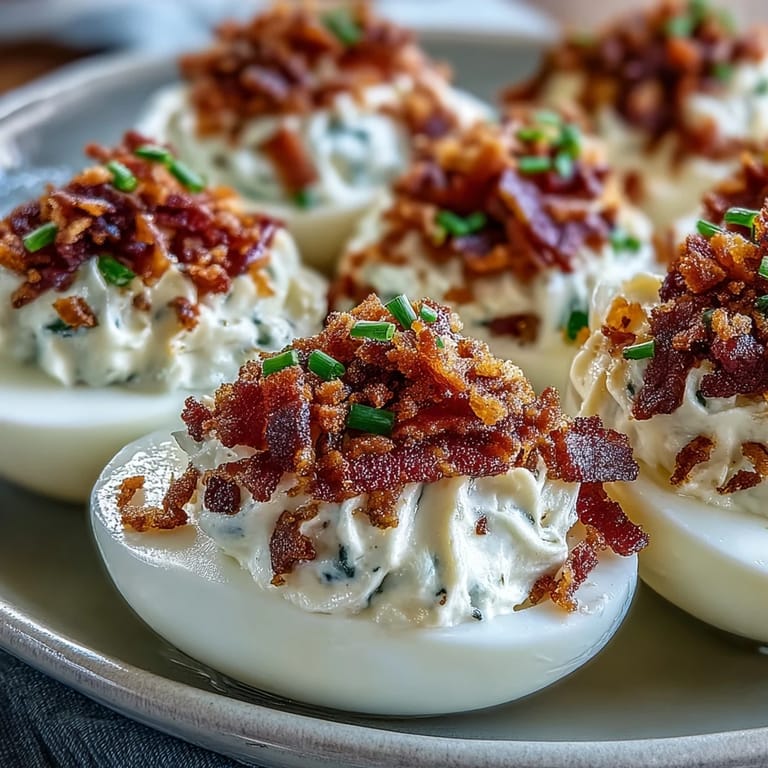 Classic deviled eggs get a savory upgrade with bacon and ranch seasoning, ideal for parties.