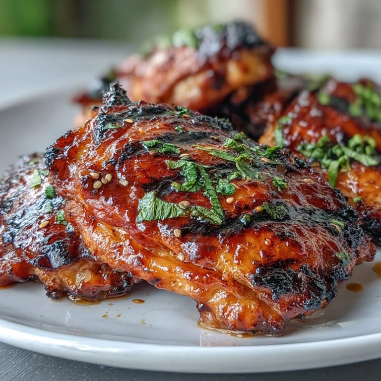Close-up of Honey Sriracha Grilled Chicken Thighs, juicy and caramelized, garnished with fresh cilantro and sesame seeds for a vibrant finish.  