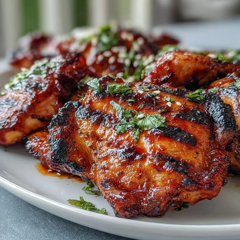Platter of Honey Sriracha Grilled Chicken Thighs, glistening with honey-sriracha glaze, served with lime wedges and perfect for summer cookouts.