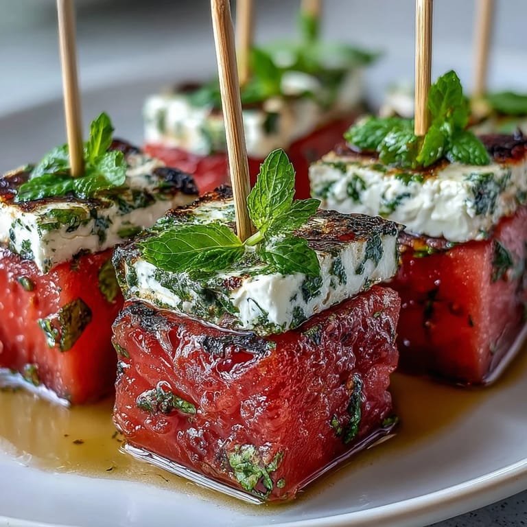 Sweet watermelon paired with tangy feta and cool mint leaves, creating an irresistible no-cook appetizer ideal for warm-weather gatherings.
