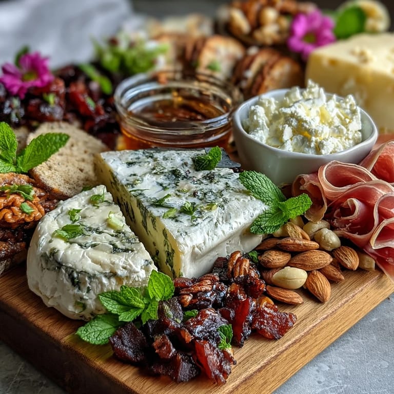 Colorful spring charcuterie board with cured meats, cheeses, fruits, and edible flowers, perfect for elegant gatherings.