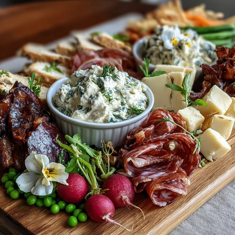 Elegant spring charcuterie board with radishes, peas, herb dip, and savory meats—ideal for gatherings and seasonal snacking.