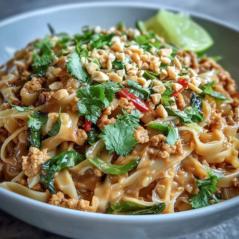 A skillet of Creamy Thai-Inspired Peanut Noodle Bowls with crispy edges and ground chicken, ready to serve for dinner.