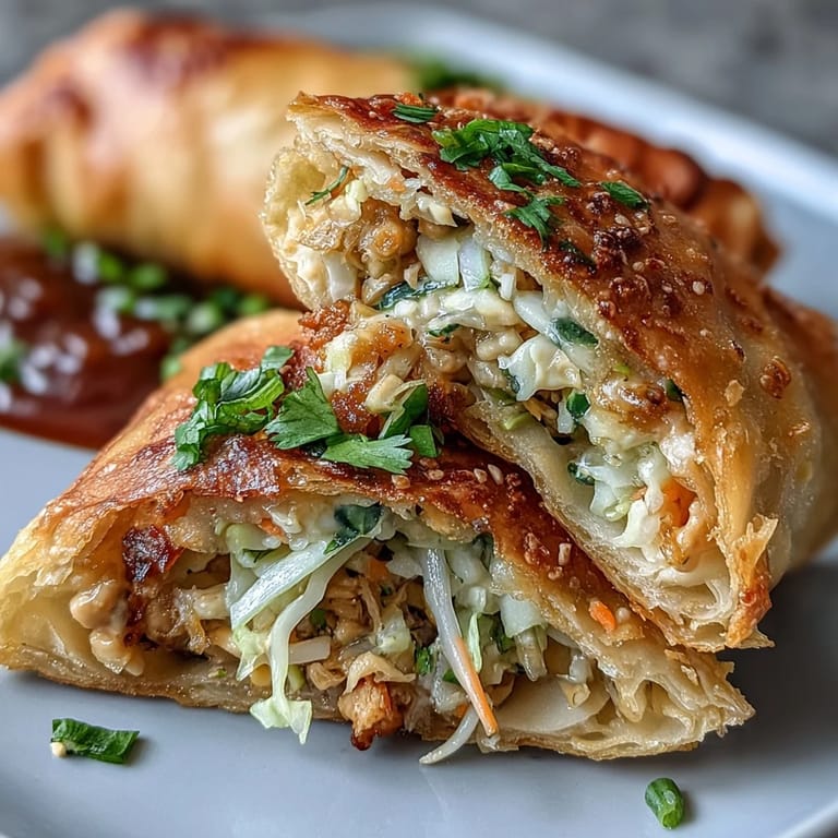 Golden-brown spring rolls bursting with fresh veggies and noodles, paired with a rich, flavorful peanut sauce.