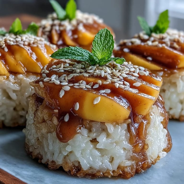 Thai-inspired mango sticky rice cups featuring luscious coconut-infused rice and vibrant tropical fruit garnish.