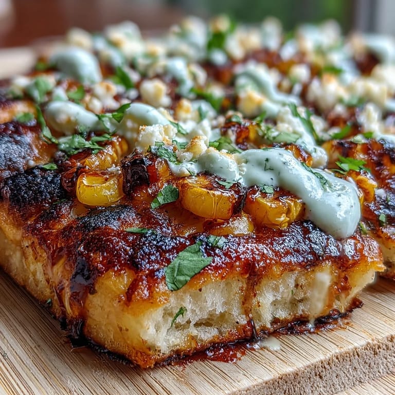 Crispy flatbread layered with smoky grilled corn, crumbled cotija, and a spicy jalapeño crema, perfect for celebrating Cinco de Mayo.