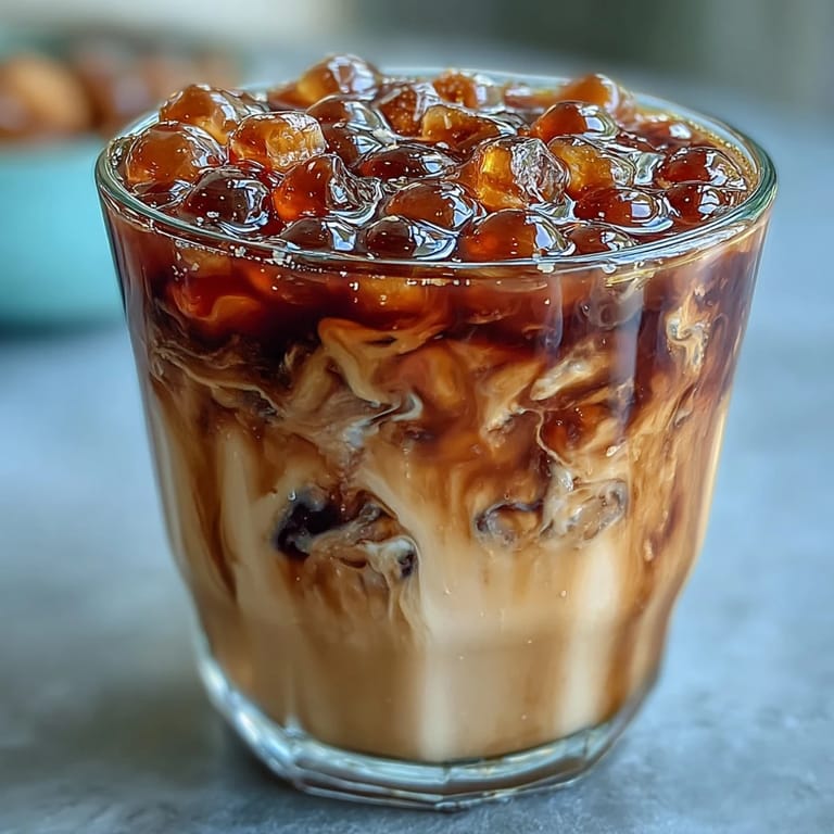 Homemade brown sugar boba milk tea with layered milk tea, soft tapioca pearls, and sweet syrup swirls.  